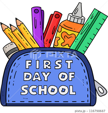 First Day of School on Pencil Case Cartoon Clipart First Day of School on Pencil Case Cartoon Clipart 116798687