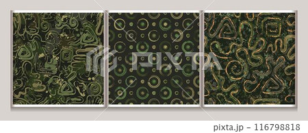 Seamless khaki green camouflage patterns with abstract wavy shapes, swirls, circles, paint brush strokes, blots, spattered paint. Dense random composition. Grunge texture Seamless khaki green camouflage patterns with abstract wavy shapes, swirls, circles, paint brush strokes, blots, spattered paint. Dense random composition. Grunge texture 116798818