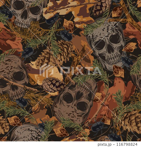Seamless camouflage pattern with forest litter, nature elements, human skull. Dry sticks, cones, pine needles, bark pieces. For apparel, fabric, textile, sport goods. 116798824