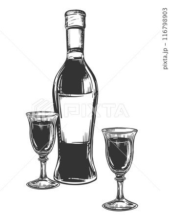 Nocino liqueur black and white linear sketch. Bottle and glasses on a white background. Vector ink drawing in engraving style. Alcoholic drink. Clipart for menus, packaging, labels. Nocino liqueur black and white linear sketch. Bottle and glasses on a white background. Vector ink drawing in engraving style. Alcoholic drink. Clipart for menus, packaging, labels. 116798903