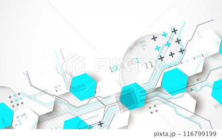 Abstract circuit board background with hexagons and sphere. Hi-tech digital technology concept. Hand drawn vector. 116799199