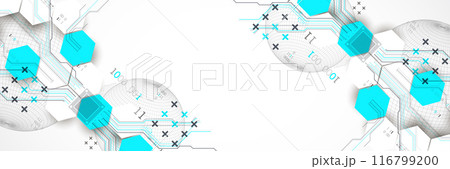 Abstract circuit board background with hexagons and sphere. Hi-tech digital technology concept. Hand drawn vector. 116799200