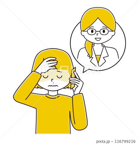 発熱症状で医療従事者に電話で相談する女性のイラスト 116799216