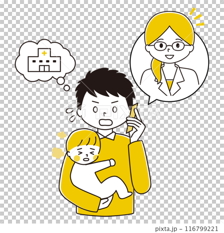 Illustration of a man consulting a medical professional over the phone about his child's poor health Illustration of a man consulting a medical professional over the phone about his child's poor health 116799221