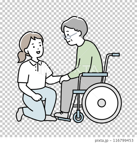 Illustration material of a female caregiver assisting an elderly man in a wheelchair 116799453