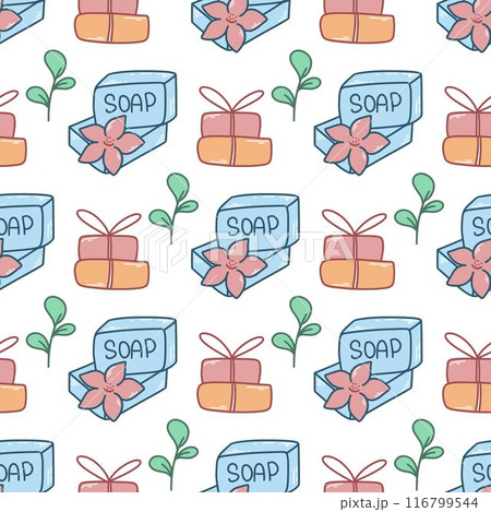Seamless pattern with blue soap bars, flowers and green leaves on white background Seamless pattern with blue soap bars, flowers and green leaves on white background 116799544