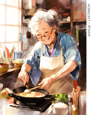 台所で料理をするおばあちゃん 台所で料理をするおばあちゃん 116799834