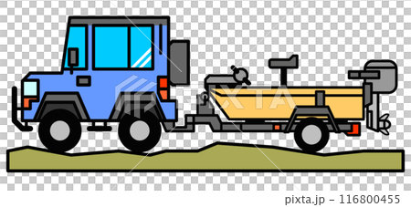 Illustration of a boat trailer being towed by a four-wheel drive vehicle 116800455