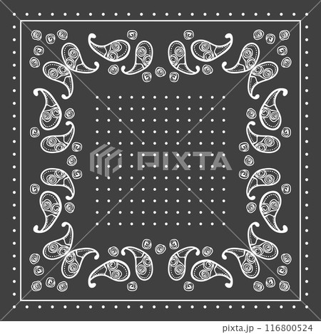 Print for kerchief, bandana, scarf, handkerchief, shawl, neck scarf. Squared pattern with ornament for fabric, textile, silk products. Paisley vector with abstract flowers. Floral folk tracery 116800524
