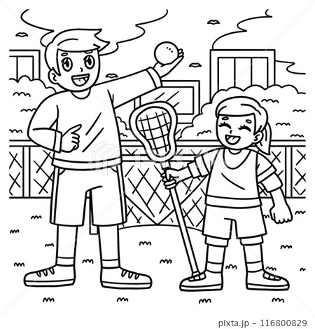 Dad Teaching Daughter Lacrosse Coloring Page  116800829