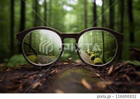 The concept of clarity of vision. Glasses in the forest. Transparency of forest freshness and transparency. 116800832