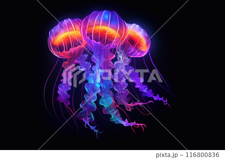 Jellyfish with neon lighting. Underwater world. Aquarium with jellyfish. 116800836