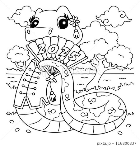 Year of the Snake Holding a Fan Coloring Page  116800837