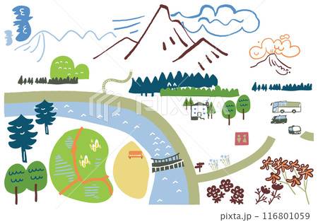 風光明媚な登山中継地　地図展開図風　ストックイラスト素材	 116801059