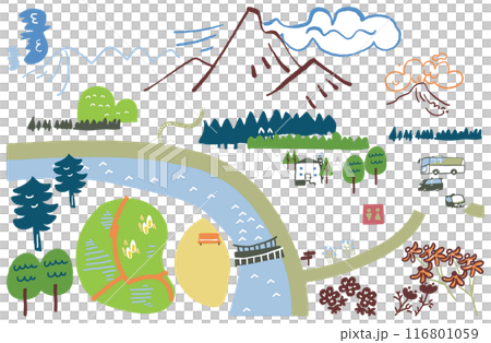 風光明媚な登山中継地　地図展開図風　ストックイラスト素材	 116801059