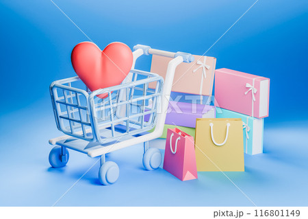 3D render of shopping cart with heart and gift boxes 3D render of shopping cart with heart and gift boxes 116801149