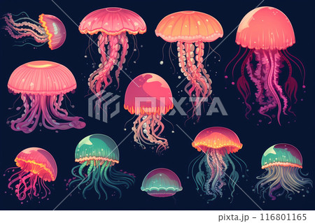 Set of cartoon jellyfish. Underwater world. Aquarium with jellyfish. 116801165