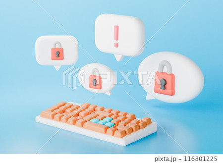 3D render of keyboard and speech bubbles with padlocks 3D render of keyboard and speech bubbles with padlocks 116801225