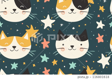 Colorful cartoon cats and stars seamless pattern. Generative AI 116801618