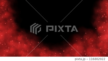 Red magic smoke with stars and sparkles, fog with glowing particles, colorful vapor with star dust. 116802022