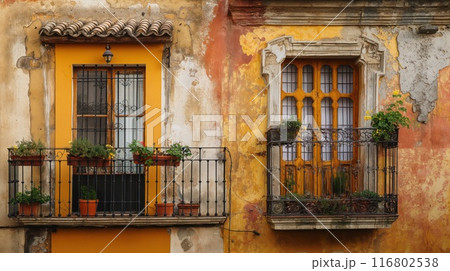 Frontal view of the openwork balconies of the Mediterranean old town. Generative AI 116802538