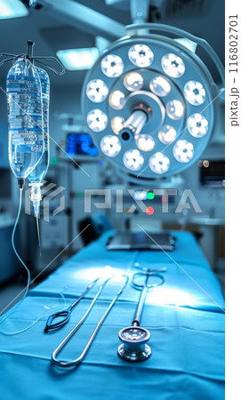 Surgical equipment laying on table in empty operating room 116802701