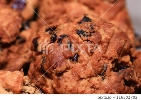 Homemade oat cookies with raisins and cranberries Homemade oat cookies with raisins and cranberries 116802702