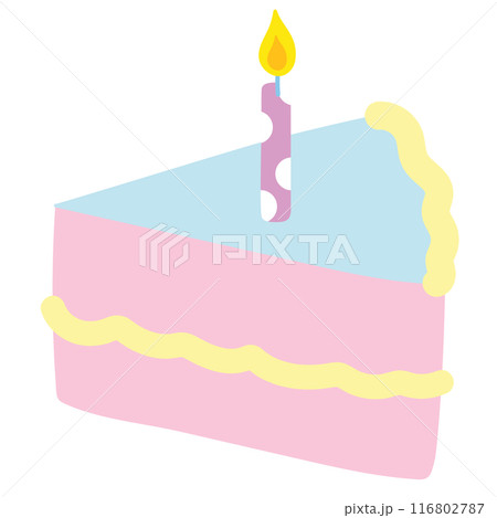 Pastel illustration of cake slice with candle for sweet dessert, bakery, pastry, birthday party, cafe, restaurant, menu, recipe, baking elements, logo, icon, sticker, grocery shopping, brunch, patches Pastel illustration of cake slice with candle for sweet dessert, bakery, pastry, birthday party, cafe, restaurant, menu, recipe, baking elements, logo, icon, sticker, grocery shopping, brunch, patches 116802787
