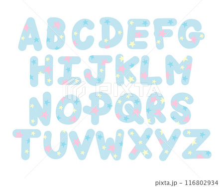 Pastel blue, A-Z alphabet design with star pattern for font, typography, letter, calligraphy, text, message, campaign badge, logo, icon, initials, shirt print, cute patches, pet names, brooch, sticker 116802934
