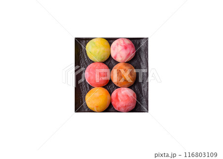 Delicious colorful asian mochi sweets with rice dough shell Delicious colorful asian mochi sweets with rice dough shell 116803109