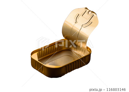 Metal aluminum opened can of canned sardines in oil with spices and salt 116803146