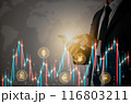 Businessman Hand and Finger Touch Mobile Phone and Color Stock Graph and Money Currency 116803211