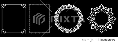 Set of decorative frames Elegant vector element for design in Eastern style, place for text. Floral black and white borders. Lace illustration for invitations and greeting cards. 116803649