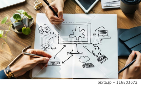 Business team planning a project and drawing a flowchart during a meeting 116803672