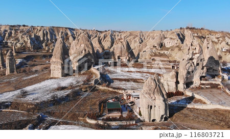 Aerial view of fairy chimney rock formation in Goreme Valley and National Park, Cappadocia, Nevsehir, Turkey. 116803721