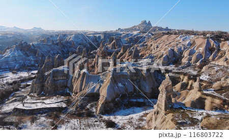 Aerial view of fairy chimney rock formation in Goreme Valley and National Park, Cappadocia, Nevsehir, Turkey. 116803722