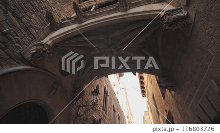 Bridge between buildings in Barri Gotic quarter of Barcelona, Spain. 116803726