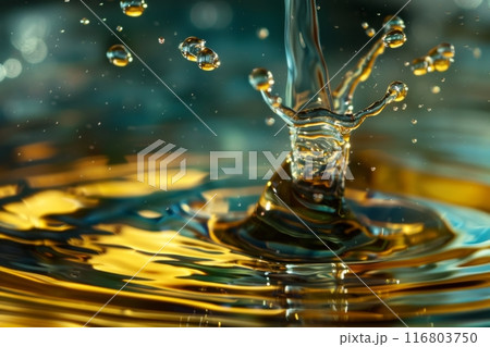 Golden water surface creates crown shaped figure after splashing water 116803750