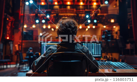Sound engineer sitting in empty auditorium working on audio mixing console with computer 116803751