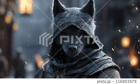 Anthropomorphic black wolf wearing a hood in a fantasy setting, with embers flying in the air Anthropomorphic black wolf wearing a hood in a fantasy setting, with embers flying in the air 116803879