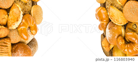 Croissants and sweet pastries isolated on white. Free space for text. Wide photo. Collage. 116803940