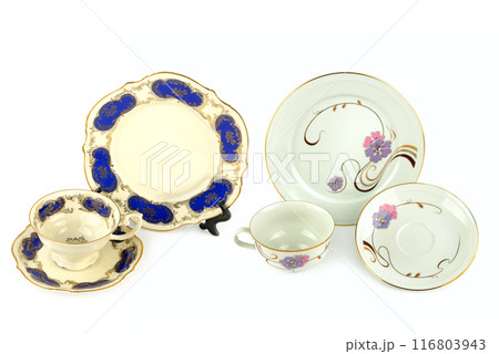 Vintage porcelain cups and saucer isolated on white. Collage. 116803943