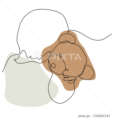 Kid hugging teddy bear. Hand drawn continuous line vector illustration with Abstract color Shapes. Outline drawing child and toy. National Hug day template for postcard, banner, t shirt printing. 116804191