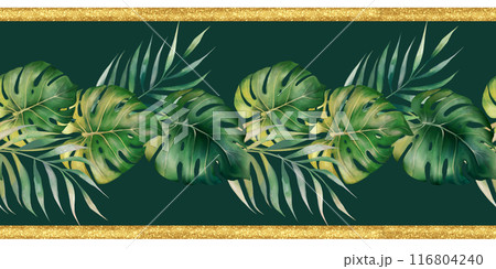 Tropical monstera leaves. Botanical illustration. Green seamless border. 116804240