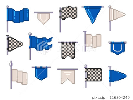 8-bit flag pixel icons. Retro pixel flags icon wavy banner and pole, old school game flat style, vintage 8 bit retro flagpole with pennant. Vector 8-bit flag pixel icons isolated set 116804249
