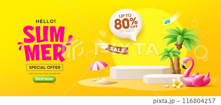 Summer podium display, Pink flamingo inflatable swimming pool, coconut trees, pile of sand, beach umbrella, banner design 116804257