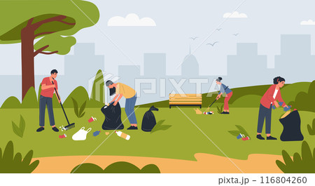 People cleaning up city park. Boys and girls collecting plastic garbage together use rake. Team of active kids pickup rubbish into bags. Protection environment vector concept People cleaning up city park. Boys and girls collecting plastic garbage together use rake. Team of active kids pickup rubbish into bags. Protection environment vector concept 116804260