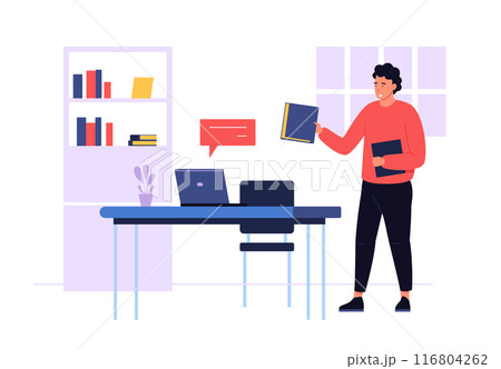 Online course education. Young man studying online. Guy studying with a teacher in internet. Concept of distance education, training and video courses. Vector concept Online course education. Young man studying online. Guy studying with a teacher in internet. Concept of distance education, training and video courses. Vector concept 116804262