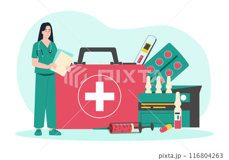 First aid kit. Tiny happy doctor with pills emergency medical products. Healthy care and medicine, ambulance vector concept 116804263