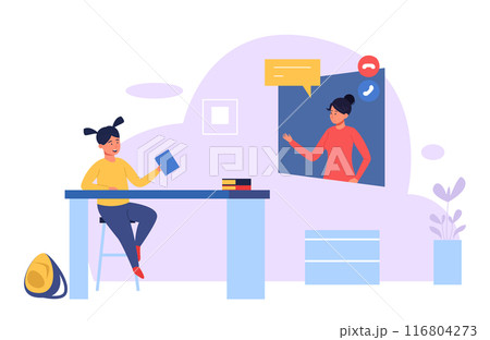 Remote lesson. Young woman studying online. Female is studying English online with a teacher. Concept of distance education, internet training and courses, language school. Cute flat vector concept 116804273